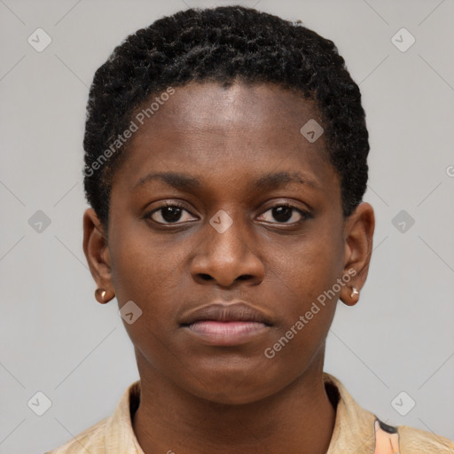 Neutral black young-adult female with short  brown hair and brown eyes