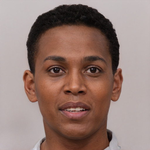 Joyful black young-adult male with short  brown hair and brown eyes