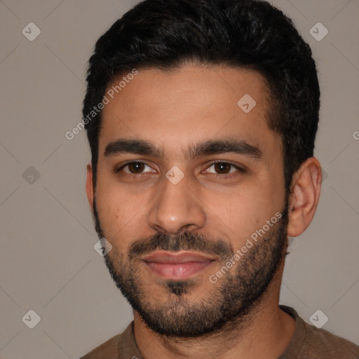 Neutral white young-adult male with short  black hair and brown eyes
