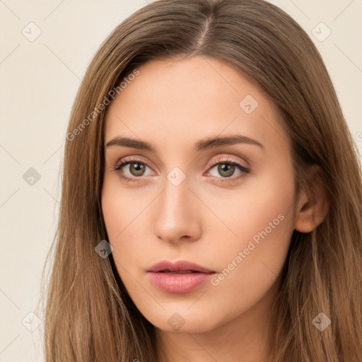 Neutral white young-adult female with long  brown hair and brown eyes