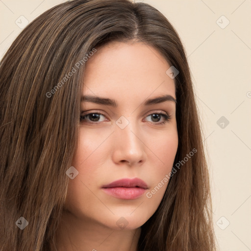 Neutral white young-adult female with long  brown hair and brown eyes