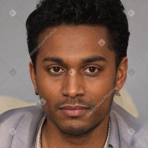 Neutral latino young-adult male with short  black hair and brown eyes