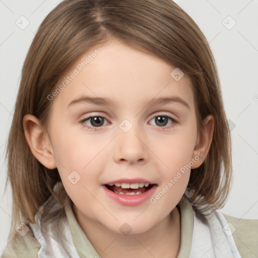 Joyful white child female with medium  brown hair and brown eyes