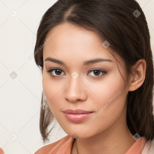 Neutral white young-adult female with medium  brown hair and brown eyes