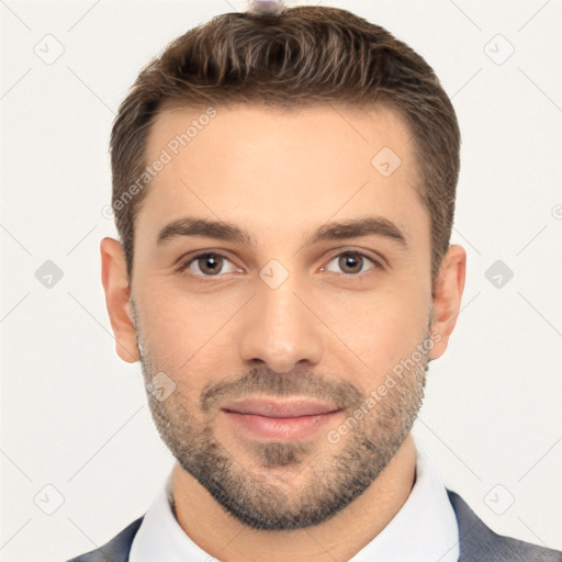 Neutral white young-adult male with short  brown hair and brown eyes