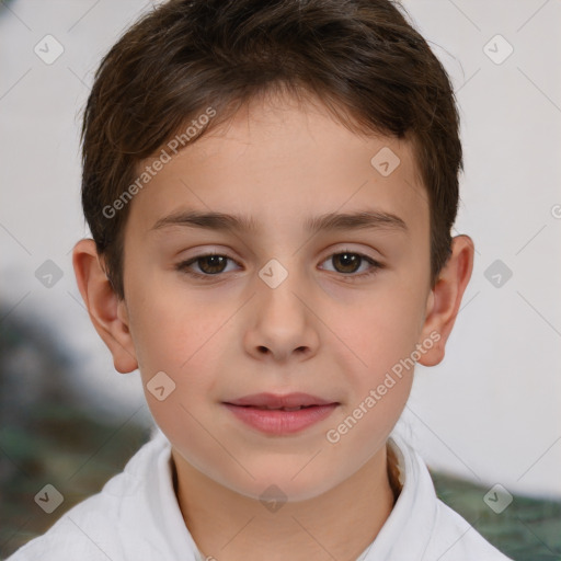 Joyful white child male with short  brown hair and brown eyes