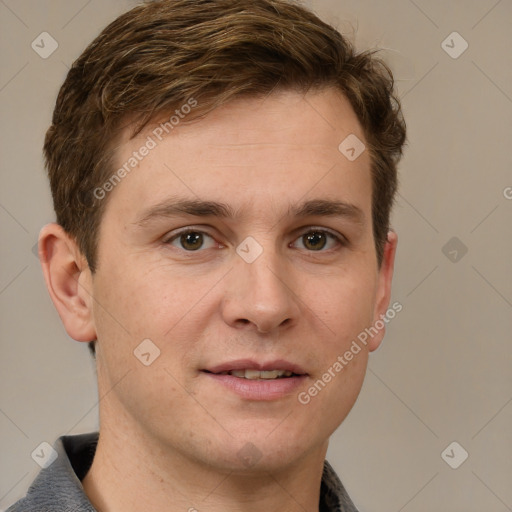 Joyful white adult male with short  brown hair and grey eyes