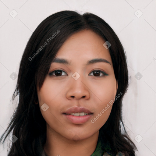 Neutral asian young-adult female with long  black hair and brown eyes