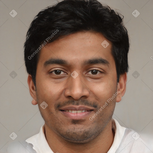 Joyful asian young-adult male with short  black hair and brown eyes