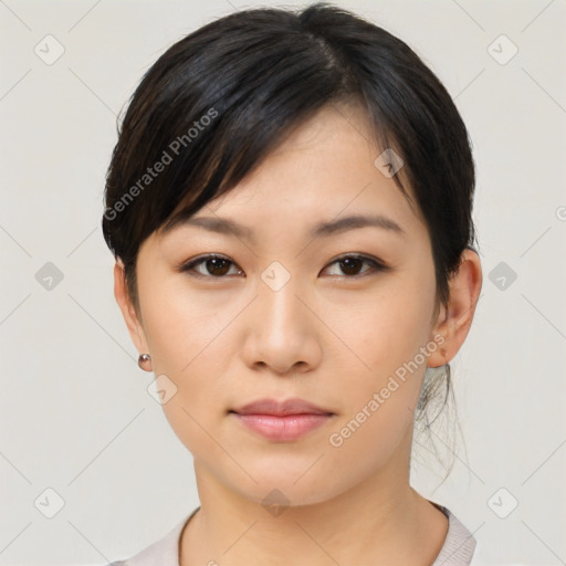 Neutral asian young-adult female with medium  brown hair and brown eyes