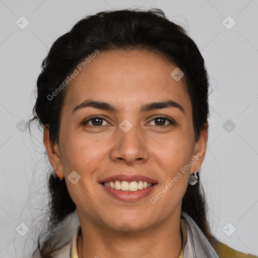 Joyful latino young-adult female with medium  brown hair and brown eyes