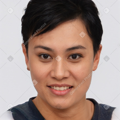 Joyful asian young-adult female with short  brown hair and brown eyes