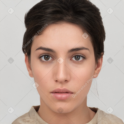 Neutral white young-adult female with short  brown hair and brown eyes