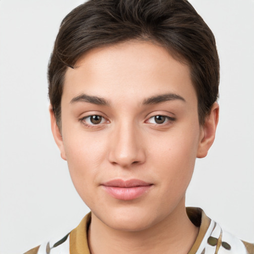 Neutral white young-adult female with short  brown hair and brown eyes