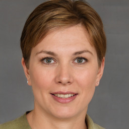 Joyful white adult female with short  brown hair and grey eyes