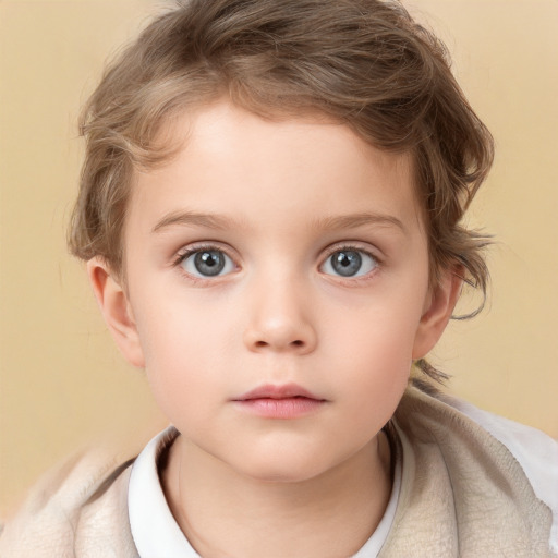 Neutral white child female with medium  brown hair and grey eyes