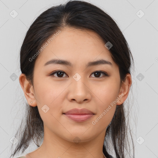 Joyful asian young-adult female with medium  brown hair and brown eyes