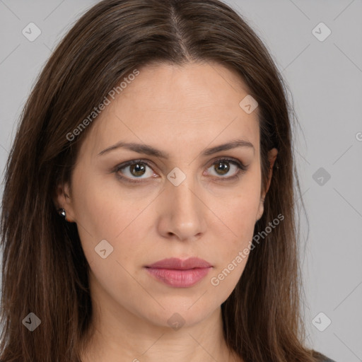 Neutral white young-adult female with long  brown hair and brown eyes