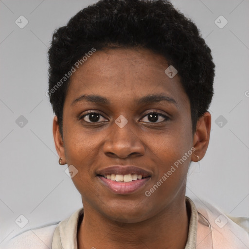 Joyful black young-adult female with short  black hair and brown eyes