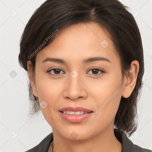 Joyful white young-adult female with medium  brown hair and brown eyes