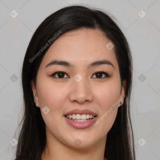 Joyful white young-adult female with long  brown hair and brown eyes