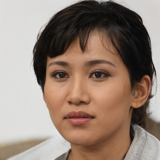 Joyful asian young-adult female with medium  black hair and brown eyes