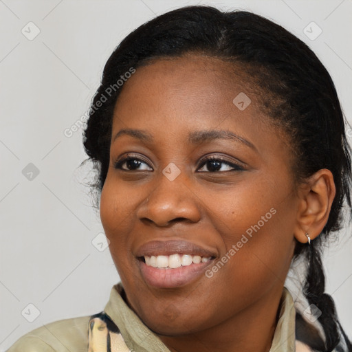 Joyful latino young-adult female with medium  black hair and brown eyes