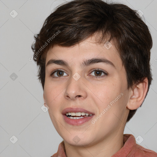 Joyful white young-adult male with medium  brown hair and brown eyes