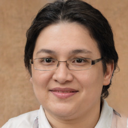 Joyful white adult female with medium  brown hair and brown eyes