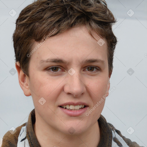 Joyful white young-adult female with short  brown hair and grey eyes