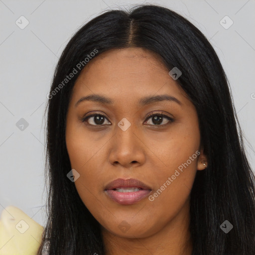 Joyful asian young-adult female with long  black hair and brown eyes