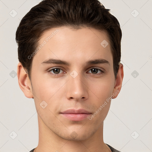 Neutral white young-adult male with short  brown hair and brown eyes