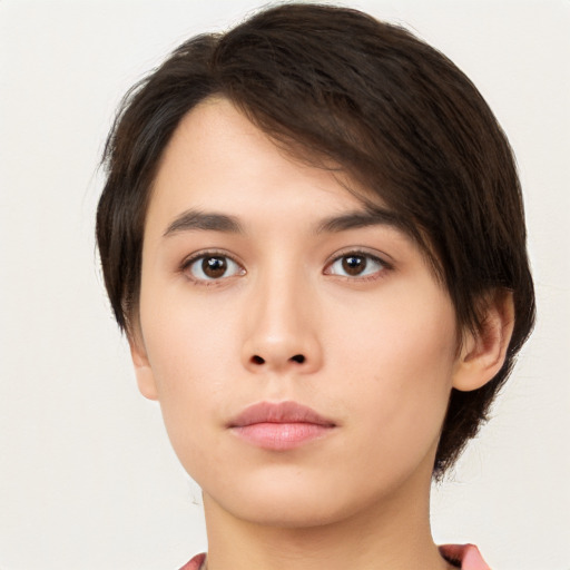 Neutral asian young-adult female with medium  brown hair and brown eyes