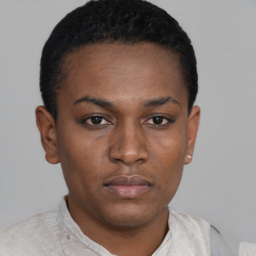 Neutral black young-adult female with short  black hair and brown eyes