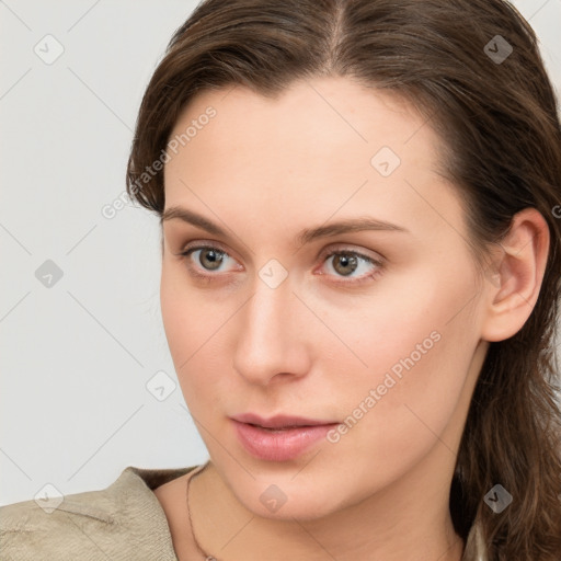 Neutral white young-adult female with long  brown hair and grey eyes