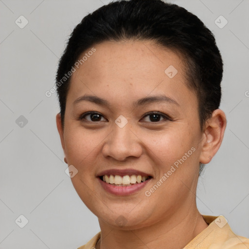 Joyful white young-adult female with short  brown hair and brown eyes