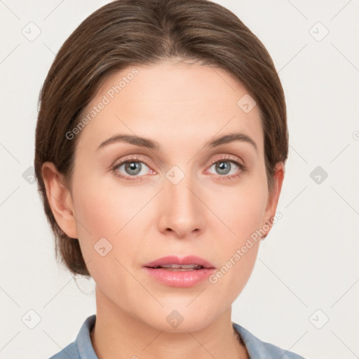 Neutral white young-adult female with medium  brown hair and grey eyes