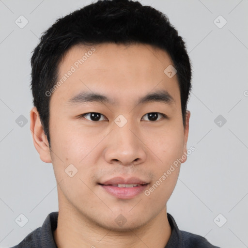 Neutral asian young-adult male with short  black hair and brown eyes