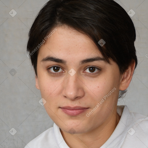 Joyful white young-adult female with medium  brown hair and brown eyes