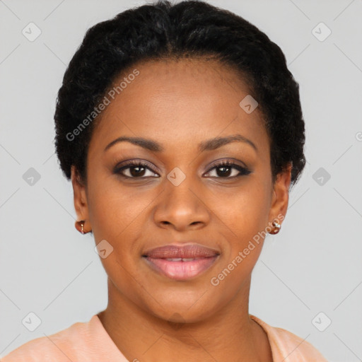 Joyful black young-adult female with short  black hair and brown eyes