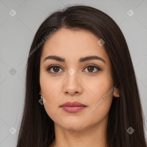 Neutral white young-adult female with long  brown hair and brown eyes