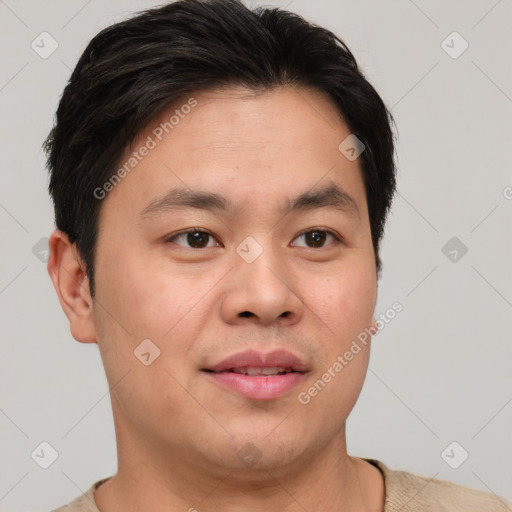 Joyful asian young-adult male with short  brown hair and brown eyes