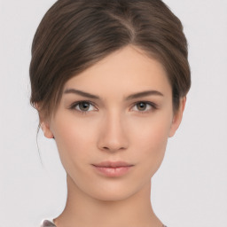 Neutral white young-adult female with short  brown hair and brown eyes