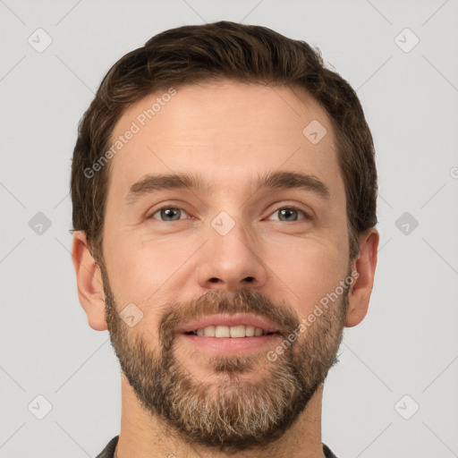 Neutral white young-adult male with short  brown hair and grey eyes