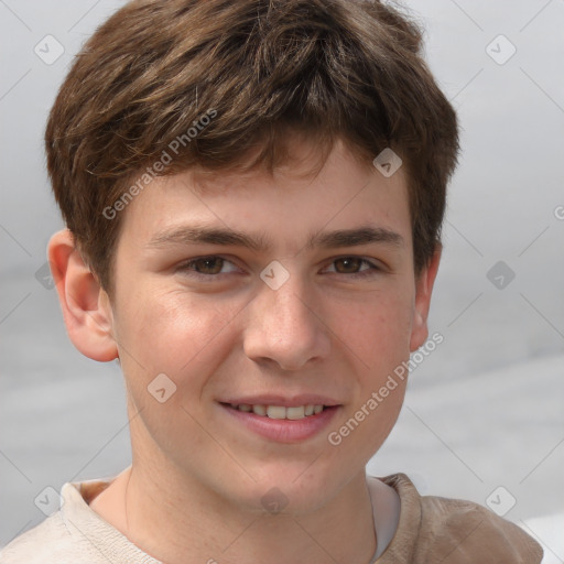 Joyful white child male with short  brown hair and grey eyes