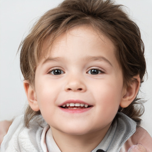 Joyful white child female with medium  brown hair and blue eyes