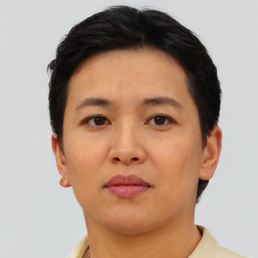 Neutral asian adult female with short  brown hair and brown eyes