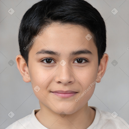 Joyful latino young-adult male with short  brown hair and brown eyes