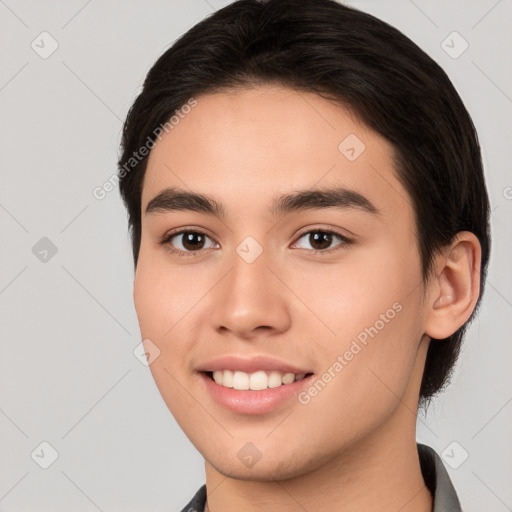 Joyful white young-adult male with medium  brown hair and brown eyes