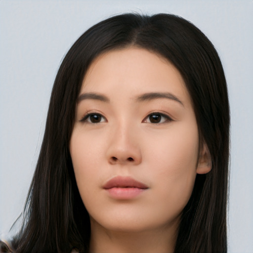 Neutral asian young-adult female with long  black hair and brown eyes